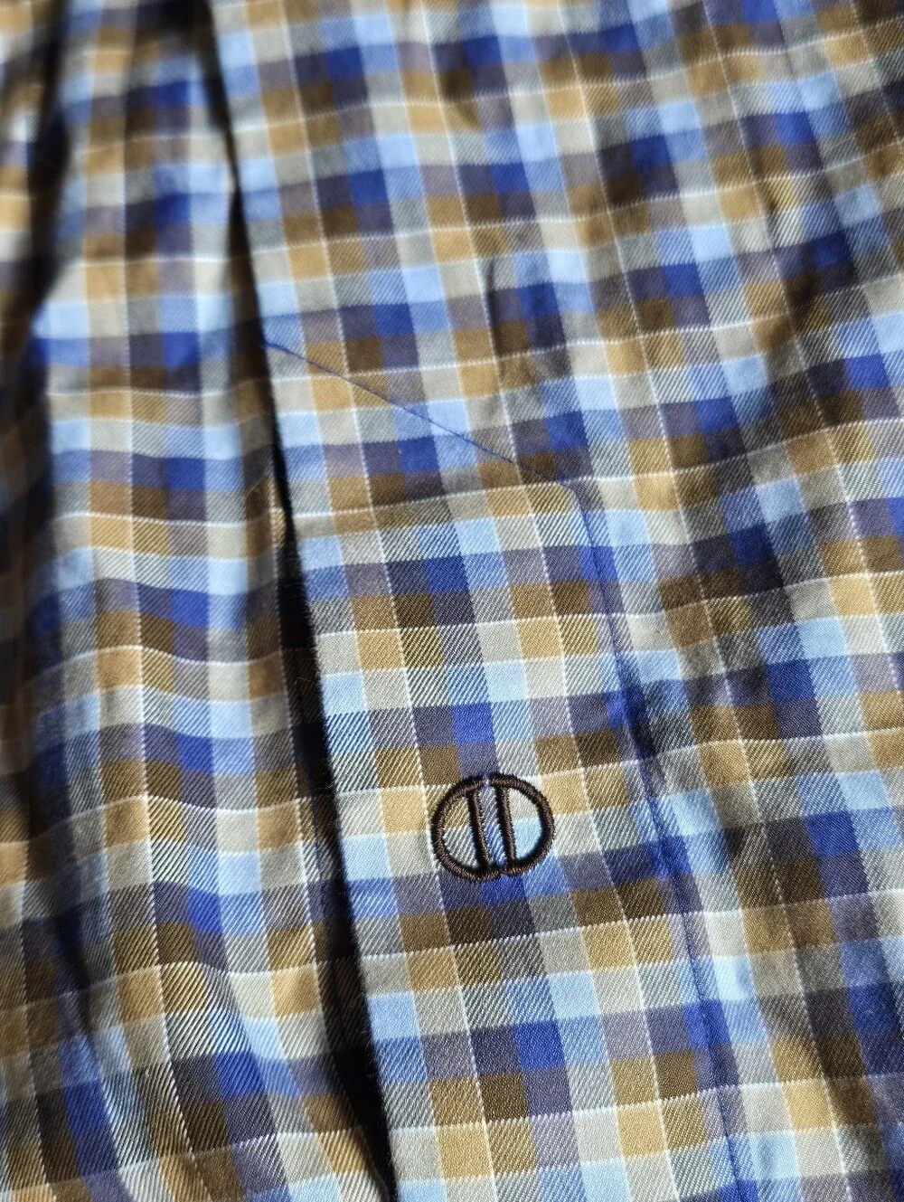 David Donahue Men's Size L Cotton Plaid Button Up Dress Shirt Blue Gold Khaki